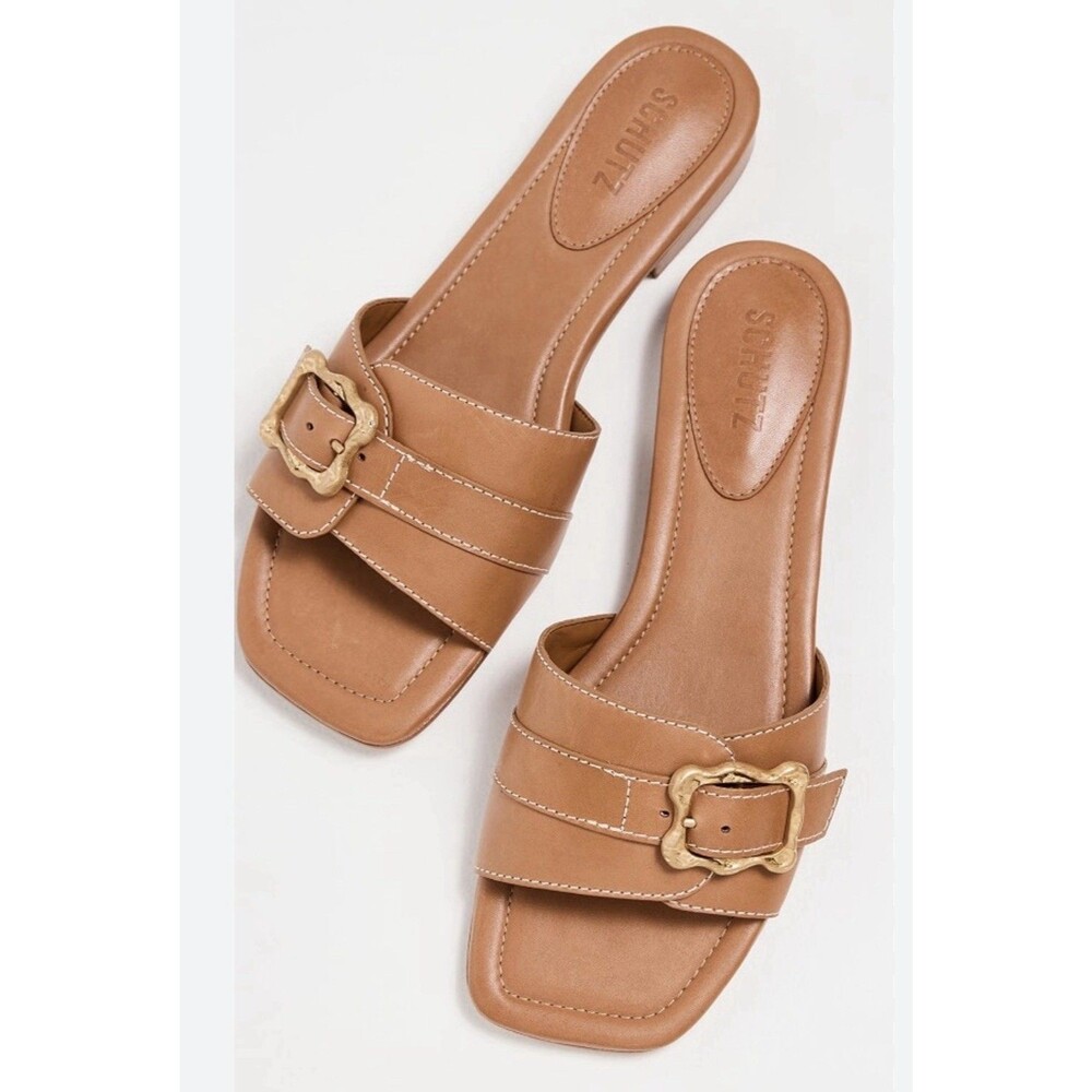 Schutz Wavy Sandals Size 7.5 $155 Brown Leather Flats Buckle Slides Casual Shoes - Picture 2 of 8